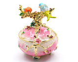 Two Bird on Branch with Floral Trinket Box. Hand Painted Enamel & Austrian Crystals