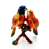 Bejeweled Lovebirds on Branch Trinket Box. Hand Painted Enamel & Austrian Crystals