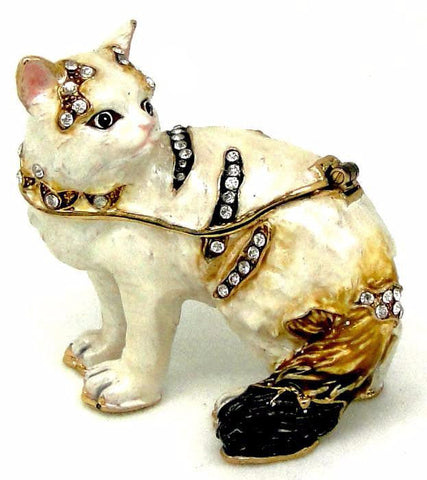 Playful Cat Trinket Box White Enamel with Austrian Crystals
