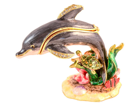 Dolphin With Tortoise Trinket Box, Hand Crafted with Austrian Crystals