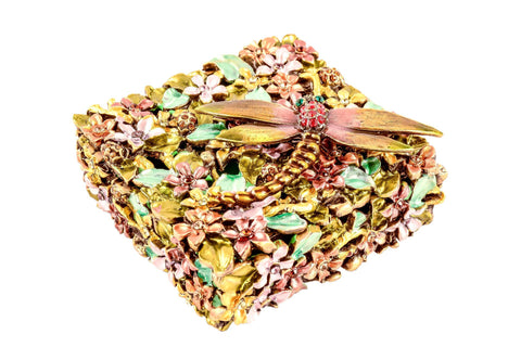 Dragonfly on Floral Trinket Box. Colorful Enamel with Austrian Crystals