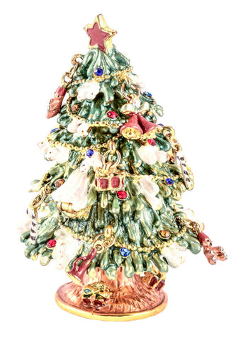 Christmas Tree Trinket Box with Gifts Hanging. Handmade with Austrian Crystals