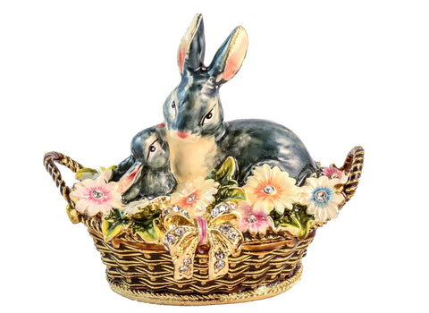 Two Rabbit In Basket With Flowers Trinket Box. Hand Crafted with Lots of Details