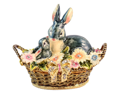 Two Rabbit In Basket With Flowers Trinket Box